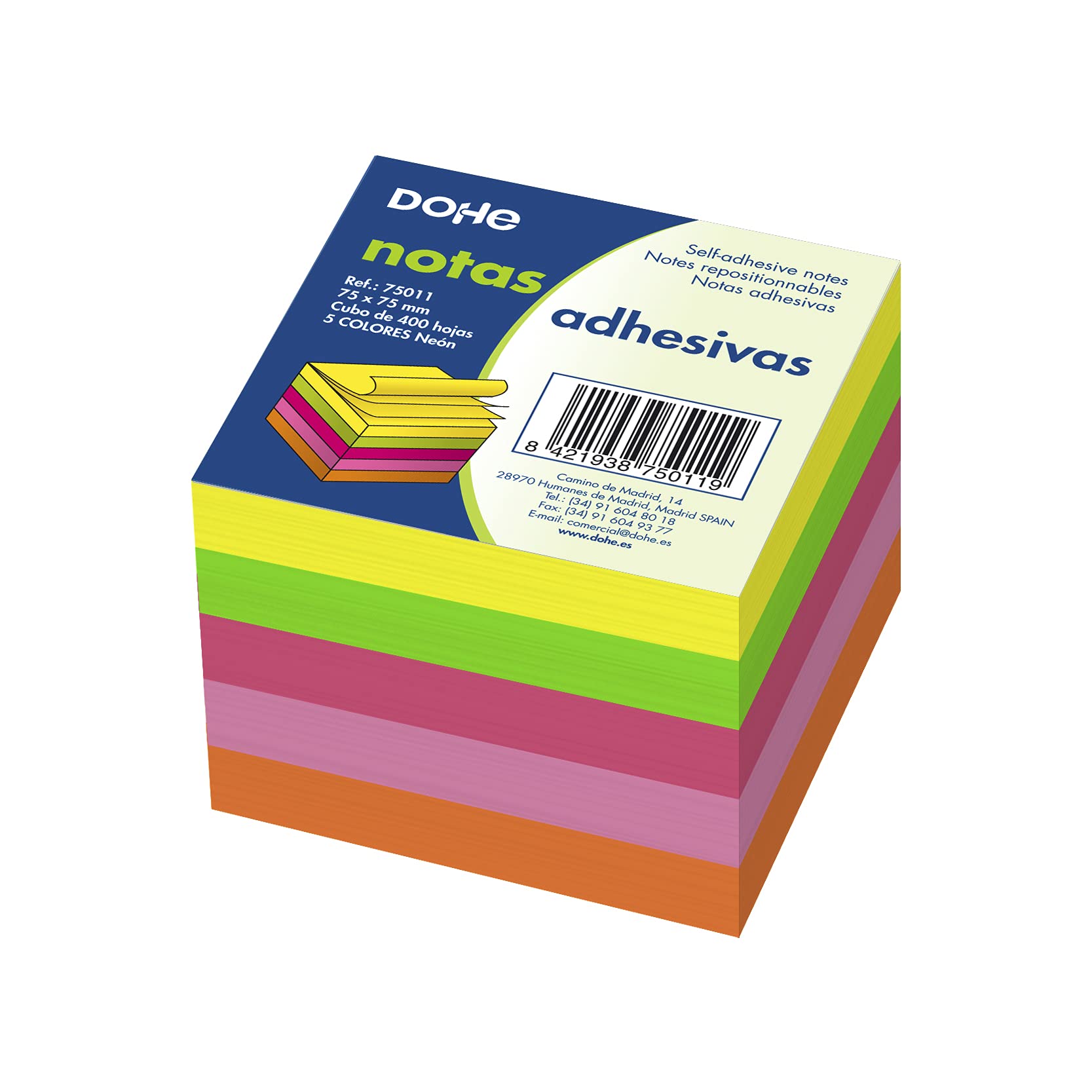 DOHE 75011 Pack of 400 Sticky Note Cubes 75 x 75 mm, Neon