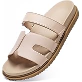 ZEENXIUYA Women's Slide Sandals with Comfort Arch Support, Adjustable Velcro Summer Beach Slides, Lightweight Slip on H-Strap Leather Open Toe Wide Flat Sandal
