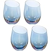 MyGift 14 oz Modern Iridescent Blue Glass Stemless Wine Glasses with Angled Rim, Transparent Rainbow Glow Tint Glassware Cocktail Drinking Cups, Set of 4