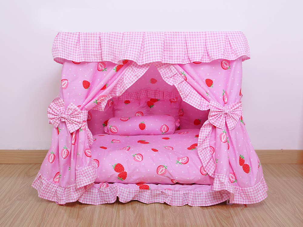Kolachic Princess Pink Strawberry Pet Dog Cat Handmade Bed House+1 Candy Pillow Canopy (S)