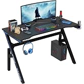 PayLessHere | 47" Gaming Table | Blue | R-Shaped Computer Desk | with Steel Frame, Headphone Hook, Adjustable Feet | Carbon Fiber Texture, Sweat &amp; Waterproof | for Gaming, Home Office