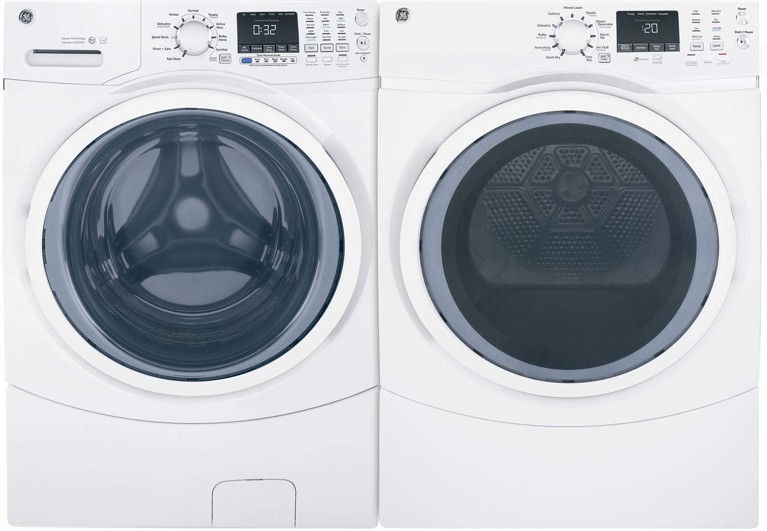 GE Front Load Steam GFW450SSMWW 27"" Washer with GFD45GSSMWW 27"" Gas Dryer Laundry Pair in White