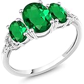 Gem Stone King 10K White Gold Green Simulated Emerald and Diamond Accent 3-Stone Engagement Ring | 1.85 Cttw | 3 Stone Wedding Anniversary Gold Promise Ring For Women
