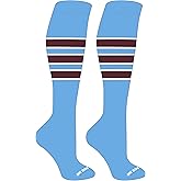 Mk Socks Striped Knee High Baseball, Football Socks (C) Columbia Blue, White, Maroon
