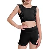 CharmWM Girls 2 Piece Outfits Athletic Ruffle Short Sets Training Bra Crop Tank with High Waisted Dance Shorts 3-10Years