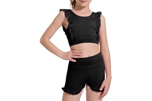 CharmWM Girls 2 Piece Outfits Athletic Ruffle Short Sets Training Bra Crop Tank with High Waisted Dance Shorts 3-10Years
