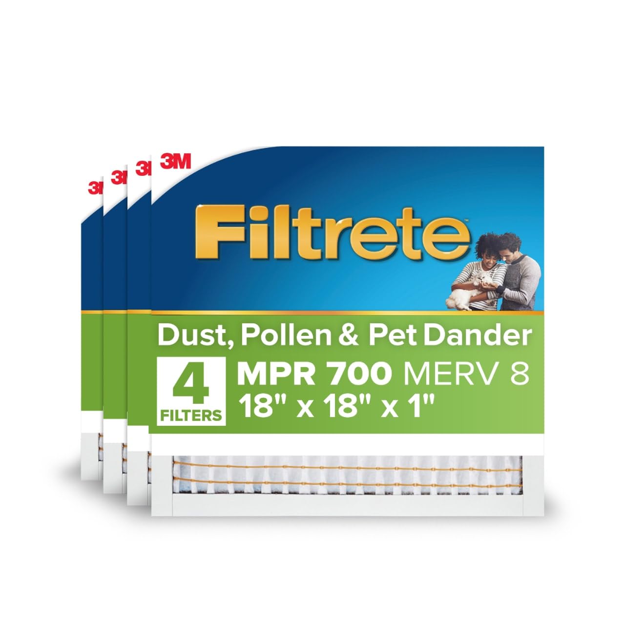 Filtrete 18x18x1 AC Furnace Air Filter, MPR 700, MERV 8, Tough on Pollen, Easy on Airflow, 3-Month Pleated 1-Inch Electrostatic Air Cleaning Filter, 4-Pack (Actual Size 17.81 x 17.81 x 0.81 in) Image