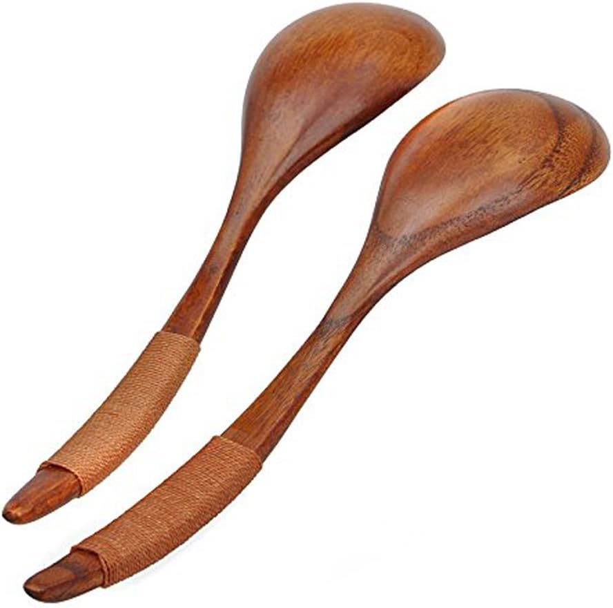 HugeStore 2 Pcs Chinese Style Handcrafted Wooden Wood Soup Spoon, Brown - Image 3