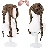 abouder Aerith Wig with Bow27-Inch Long Brown Curly Hair Aerith Cosplay Ombre & Bangs Wig for Halloween Costume