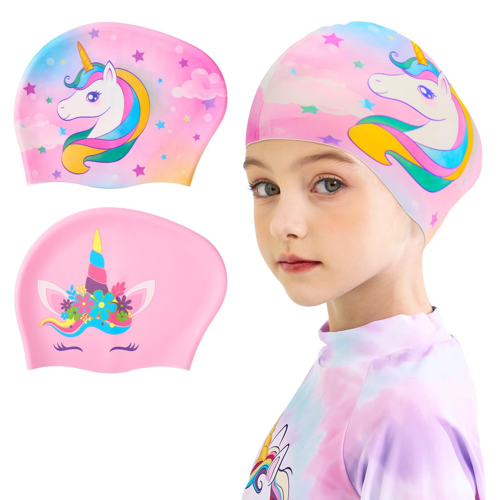 2 Pack Kids Swim Cap - Boys Girls Durable Silicone Swimming Cap Waterproof Swimming Cap for Long and Short Hair Bathing Caps — image 1