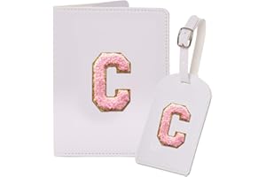 ULICO Initial Passport Cover and Luggage Tag Set,PU Leather Letter Passport Case Holder Travel Suitcase Tag, Personalized Travel Luggage Accessories Gifts for Women Kids Teenage White C
