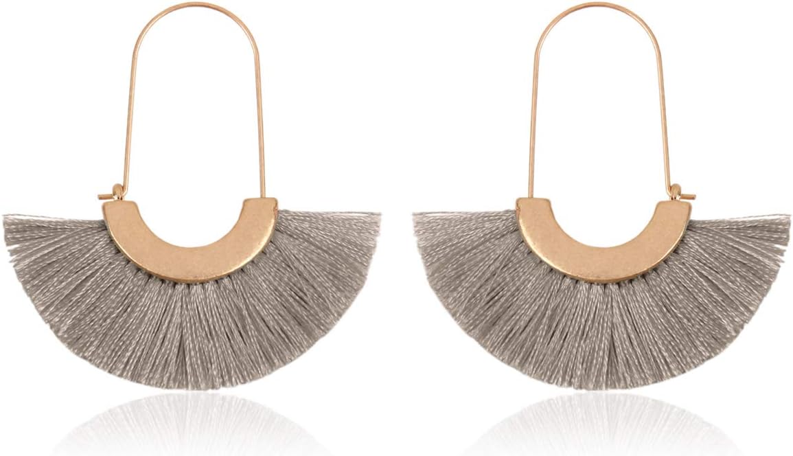 RIAH FASHIONBohemian Silky Thread Tassel Strand Fringe Statement Hoop Earrings - Lightweight Semi Circle Fan Threader, Mermaid Hoops