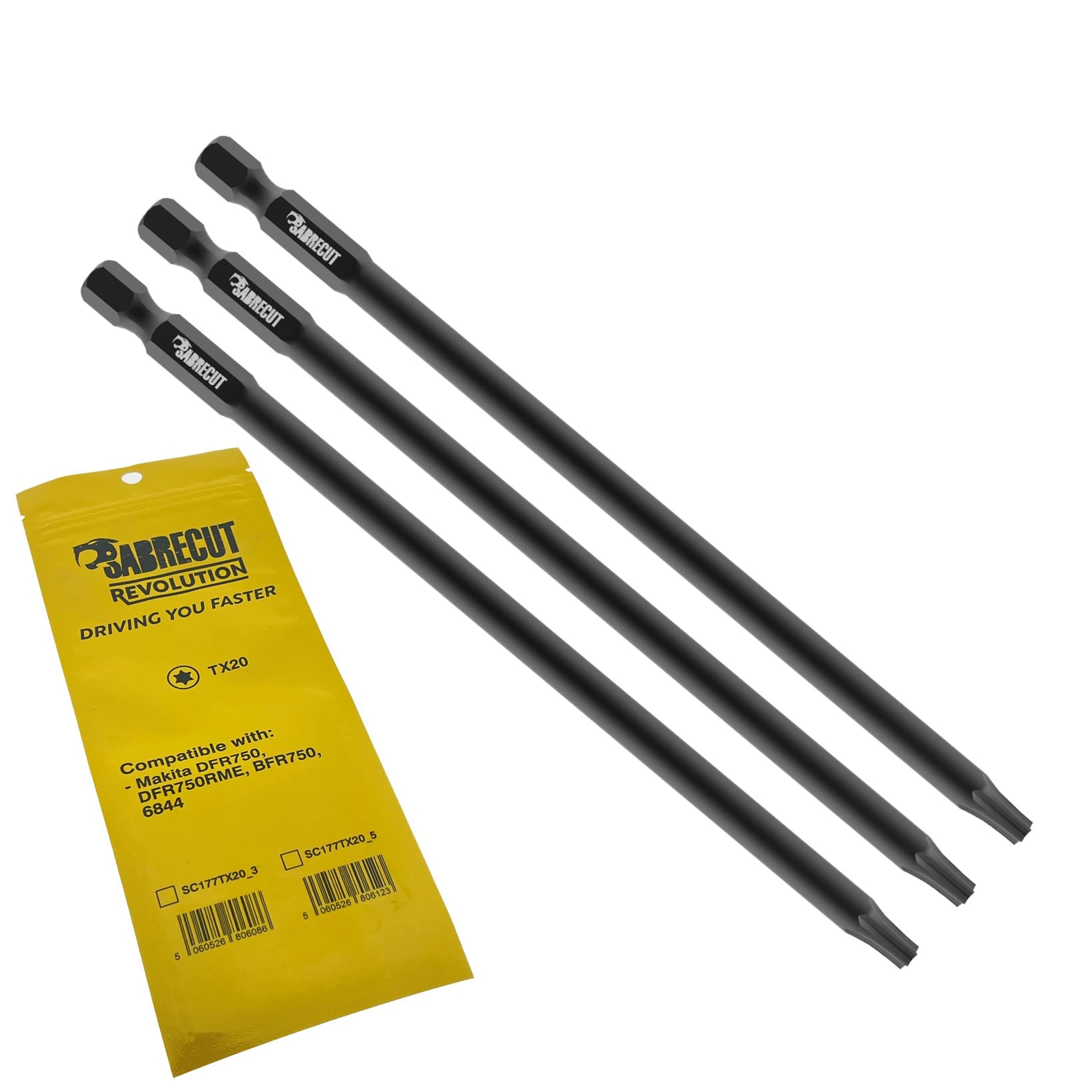 3 x SabreCut SC177TX20_3 177mm TX20 Compatible with Makita DFR750 DFR750RME BFR750 6844 Autofeed Collated Drywall Screwdriver Gun Bit Single Ended Torx No.20 Heavy Duty