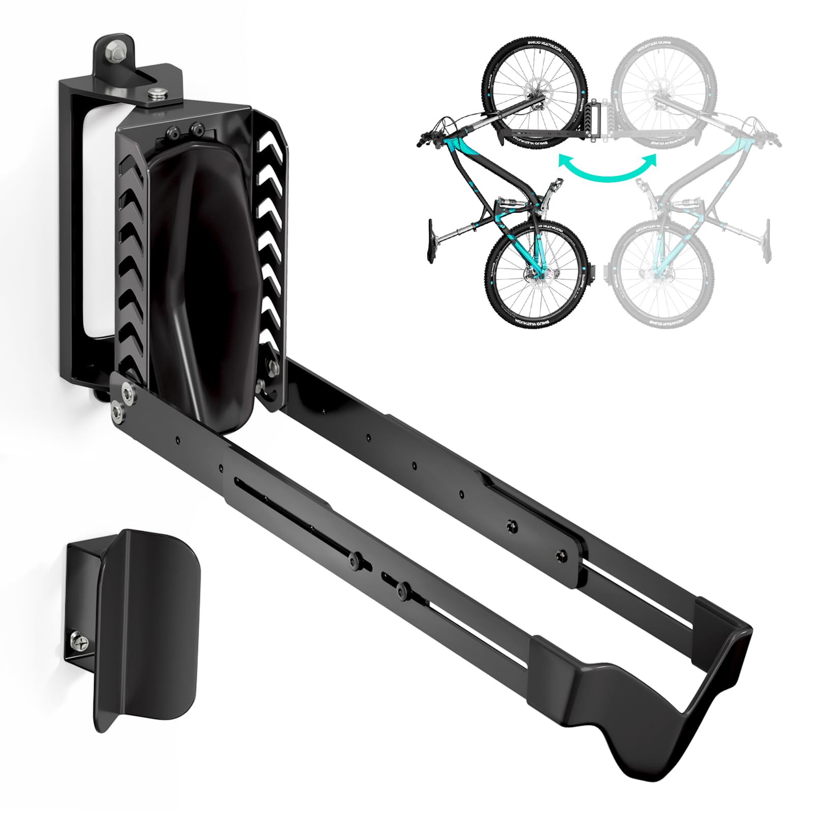 Photo 1 of Swivel Bike Rack Wall Mount, Bike Hangers for Garage, Space-Saving Vertical Bike Holder, Holds up to 77 lbs, Bicycle Wall Hanger Storage, No Heavy Lifting Required Indoor Hanging Bike Rack-Black