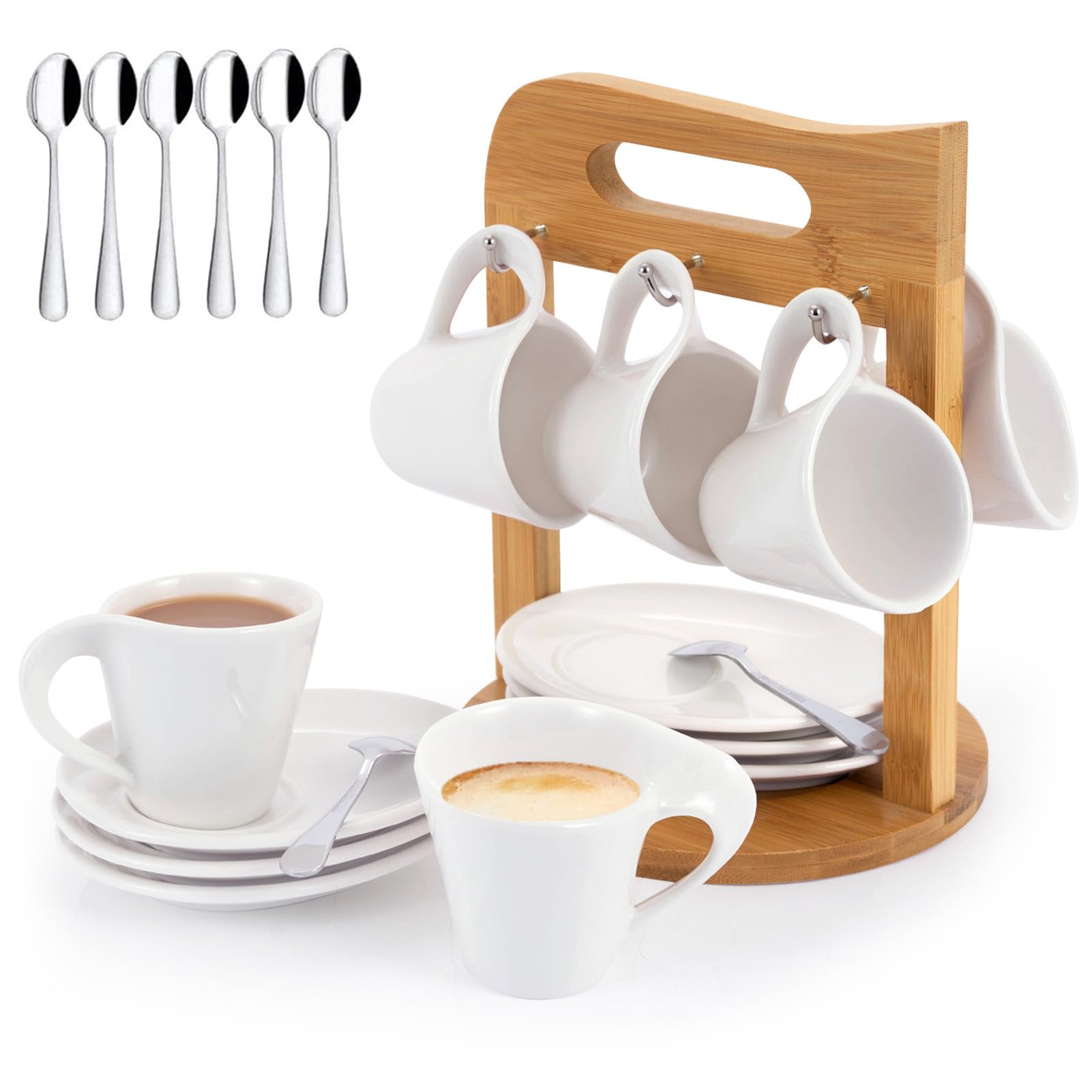JUJOYBD Coffee Cups Set of 6 with Saucers on Bamboo Stand, Porcelain Espresso Cups 80 ml Coffee Service for 6 People Tea Service with Holder