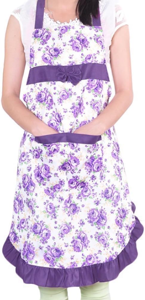 Haifly Vintage Kitchen Cooking Apron Cute Bowknot Flower Pattern Cook Apron with Pockets for Women Purple