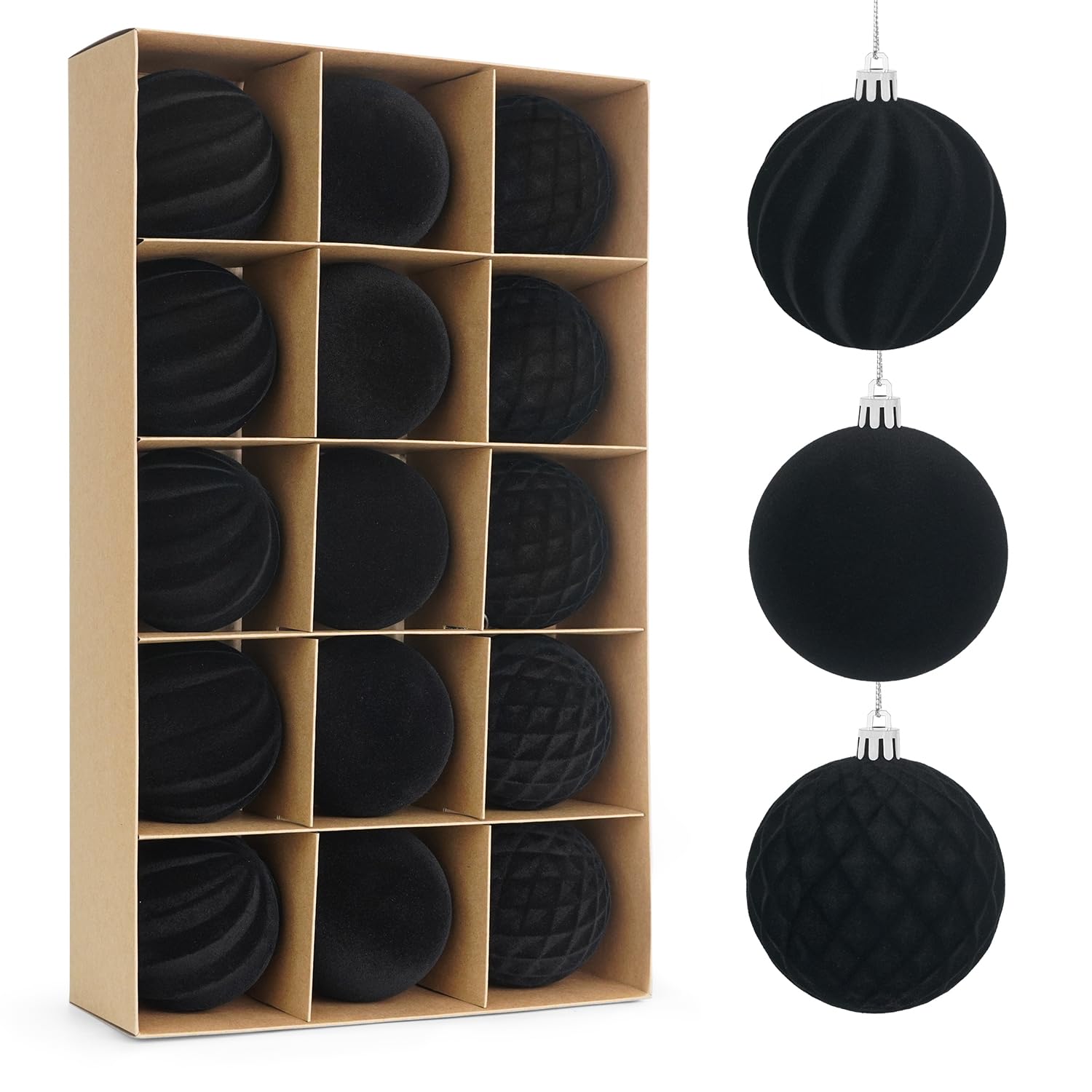 Miaikoe 15 Pcs Velvet Christmas Balls Hanging Ornaments Set, Pre-tied Shatterproof Plastic Flocked Christmas Balls Xmas Decorations Festival Holiday Party Decor (Black,8CM)