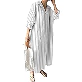 GGUHHU Womens Chic Button Down Rolled-Up Sleeve Long Cotton Blouse Maxi Dress (X-Small, White Stripe)