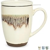 Bosmarlin Ceramic Tea Cup with Infuser and Lid, 13.5 Oz, Loose Leaf Tea Steeper Mug with Strainer, Microwave and Dishwasher Safe, Reactive Glaze (13.5 Oz, Beige)