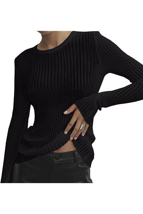 Women Knitted Sweater See Through Crew Neck Sheer Mesh Solid Basic 