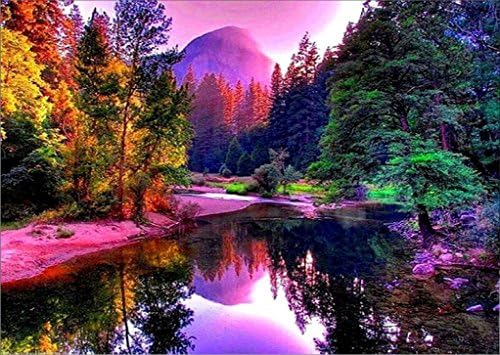 DIY 5D Diamond Painting by Number Kits, Crystal Rhinestone Diamond Embroidery Paintings Cross Stitch, Sunset Lake Forest Landscape Common Level Full Drill
