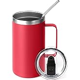 Volhoply 24oz Insulated Coffee Mug with Lid and Straw, Stainless Steel Travel Mugs with Handle, Double Wall Vacuum Leak Proof Coffee Tumbler Cup (Red,1)