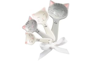 GOODSCIOUS Cat Shaped Ceramic Measuring Spoons with White Ribbon - Cat Lover Gifts for Women - Cat Kitchen Accessories & Baking Measuring Tools - Durable & Cute Baking Supplies for Cat Lovers (Set of 5)