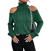 Langwyqu Womens Cold Shoulder Turtleneck Sweaters 2025 Fall Long Sleeve Soft Cable Knit Pullovers Sexy Jumper Tops