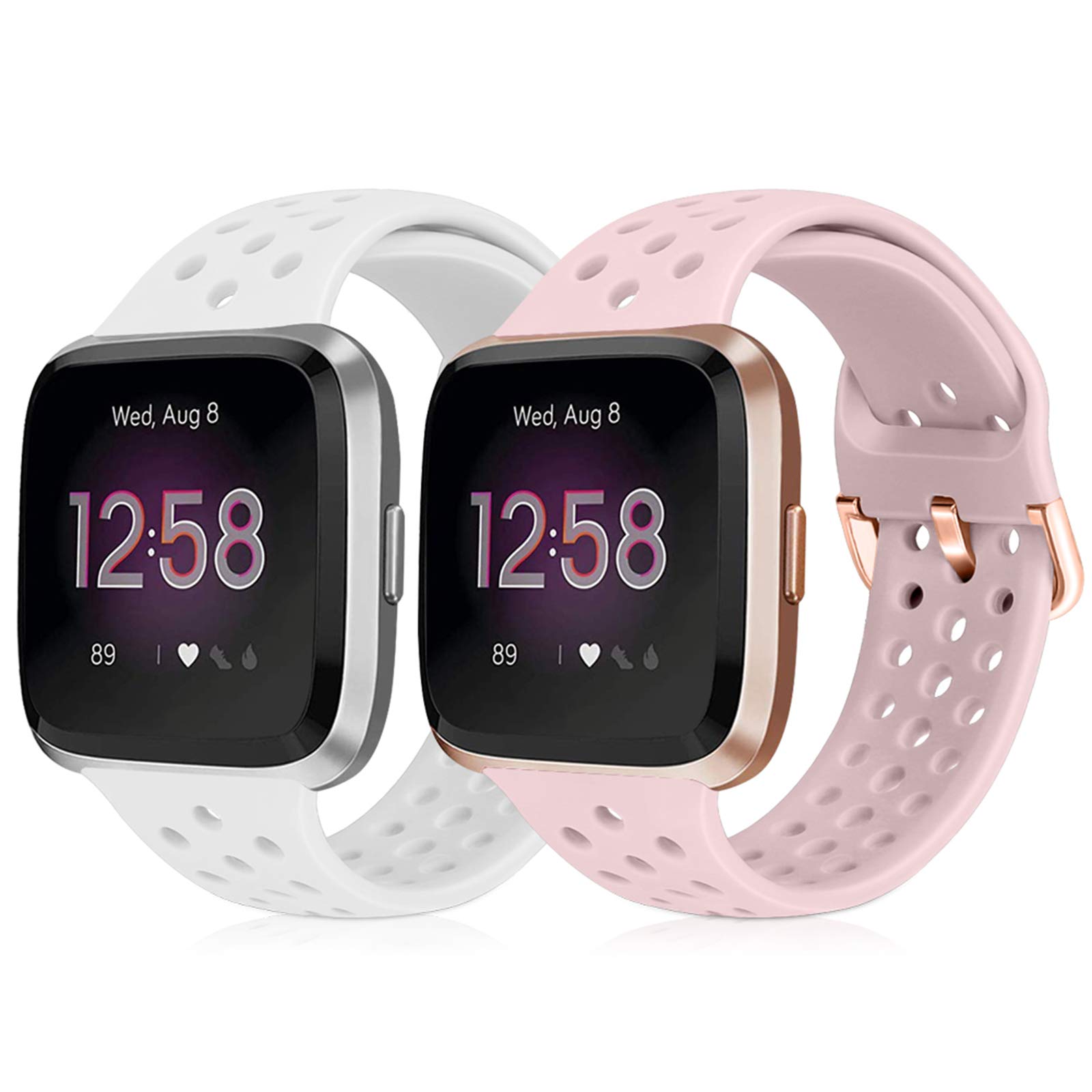 Runostrich Sport Strap Compatible with Fitbit Versa 2/Fitbit Versa/Versa Lite/SE, Soft Silicone Band Replacement Breathable Wristband Accessories Smart Fitness Watch for Women Men (White+Pink Sand)