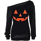 JNKLWPJS Women Halloween Off Shoulder Pullover Tops Long Sleeve Pumpkin Shirt Halloween Sweatshirt