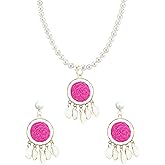 Aishgjia Summer Beach Vacation Earrings and Necklace Set Lafite Grass Woven Round Design Bohemian Shell Tassel Pendant for Women