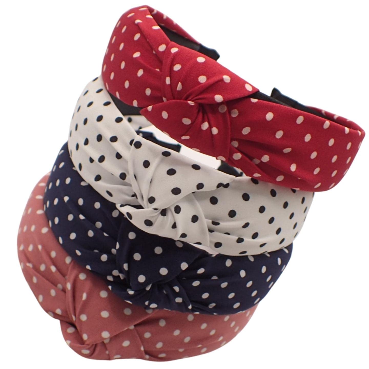 Topkids Accessories 4pc Knotted Alice Band, Headband Set for Women & Girls, Pretty Coloured Headband Multipack for Ladies, Womens Hair Accessories, Cute Gifts for Girls (Polka Dots 2)