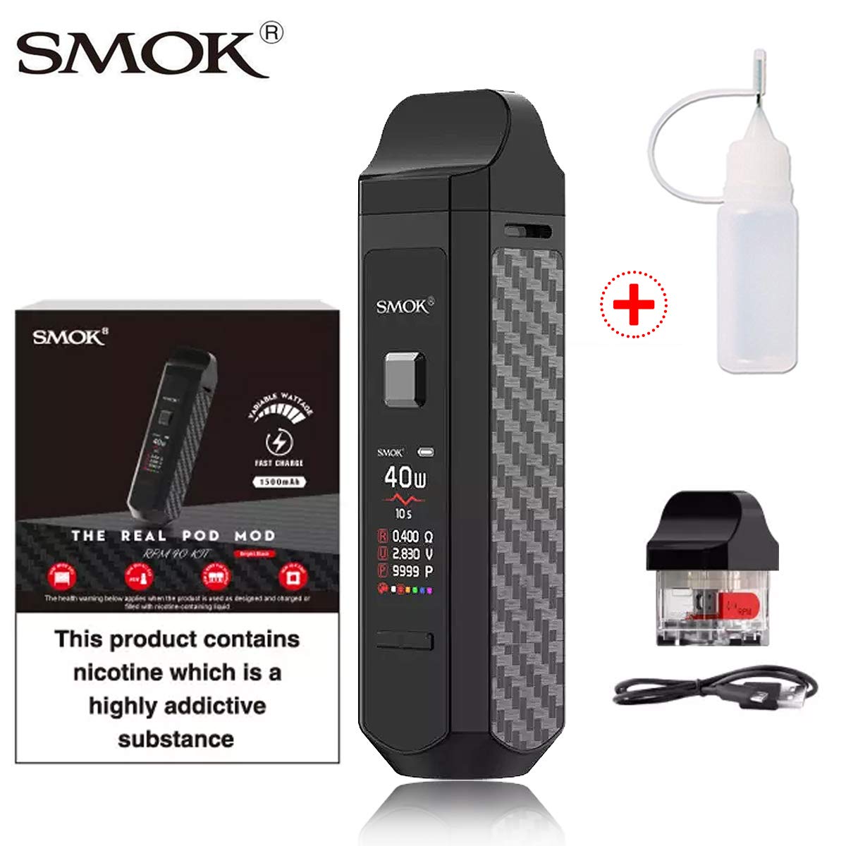 MKWS Compatible with E-Cigarette, Smok RPM40 Pod Kit Built-in1500mAh Battery with 2.0ml Evaporator, no Nicotine no Tobacco (Black)