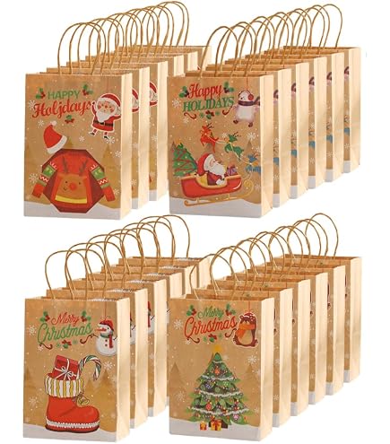Lot De 6 Sacs De Noël Réutilisables Avec Poignées - 20x25x10 Cm - Tissu Non Tissé, Motifs Festifs - Pour Cadeaux, Courses, Fêtes