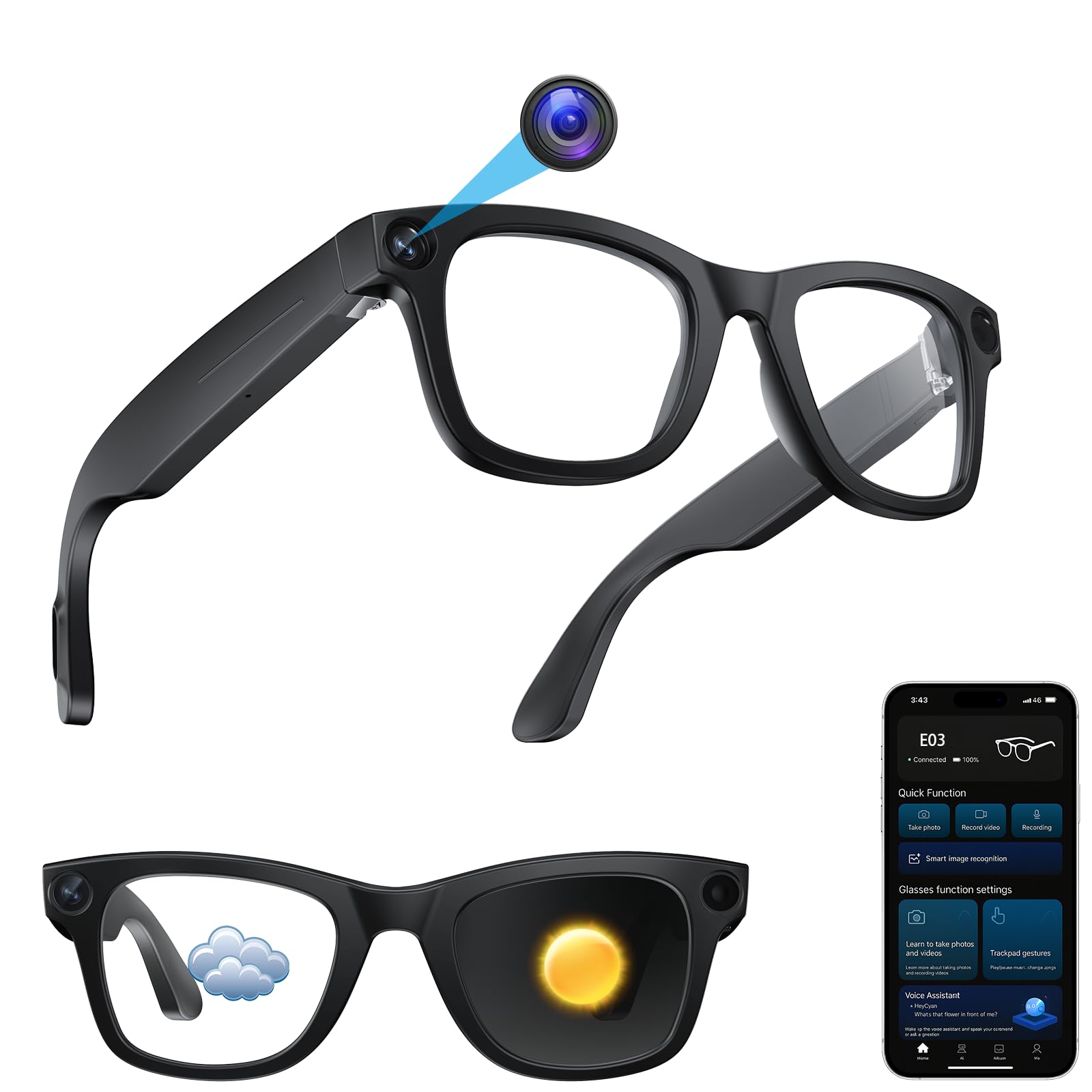 Photo 1 of AI Smart Glasses with 8MP Camera 1080P HD Video & Audio Recording, Bluetooth 5.3 Smart Eyewear with Dual Mic, Real-Time Translation 110+ Languages, Voice Control, Photochromic Blue Light Lenses(Black)