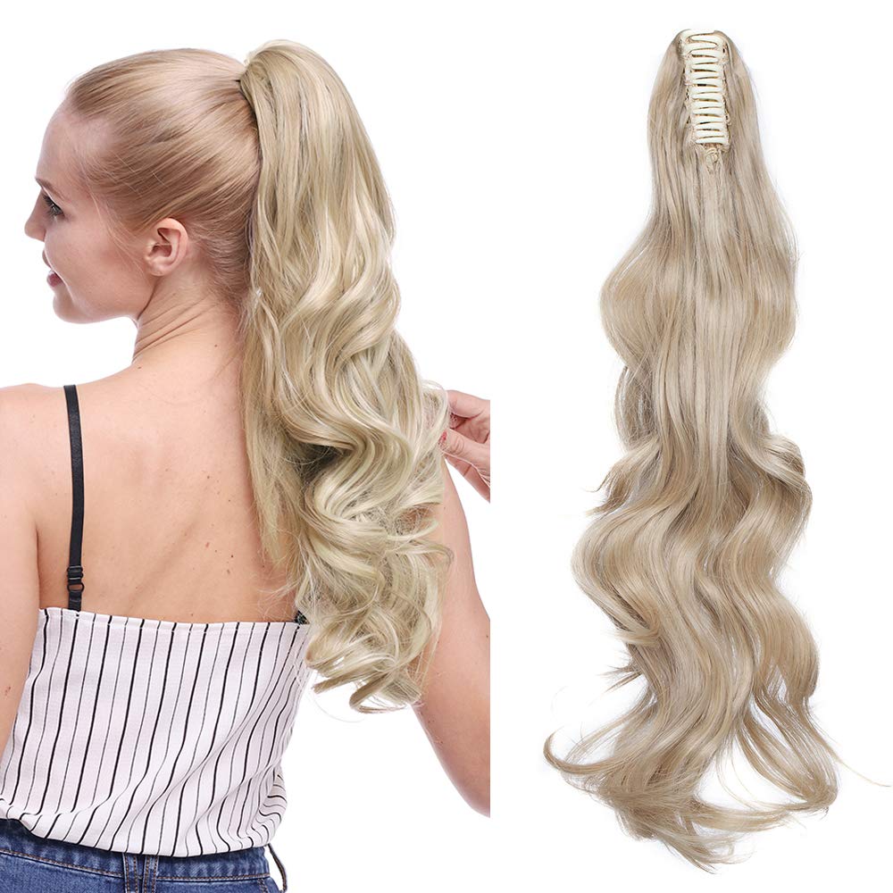 Silk-co 24inch Claw on Ponytail Hair Extensions Dark Blond&Bleach Blond Wavy Curly Hairpiece Pony Tail Wrap around Bonding