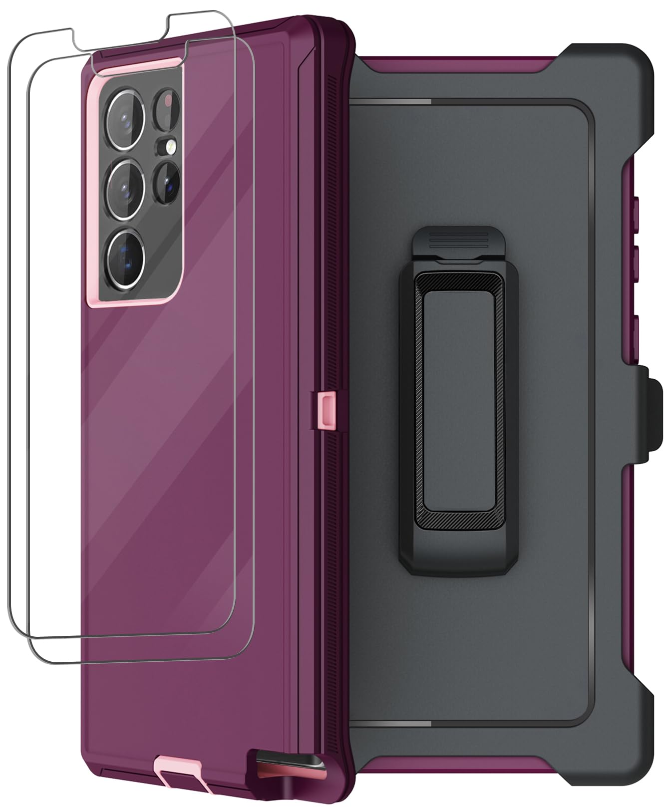 for Samsung Galaxy S22 Ultra Case with Belt Clip Holster, 2X Screen Protector, Military Grade Protection Heavy Duty Full Body Shockproof Rugged Protective Cover for Samsung S22 Ultra 5G Wine