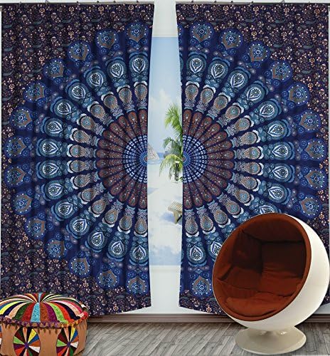 Exclusive Indian Blue Mandala Tapestry Large Wall Hanging Hippie Window Curtain Valances Room Divider 2 Pc Panel Set
