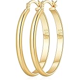 OOOPEL 3mm Wide Large Gold/Silver Hoop Earrings Sterling Silver Hoop Earrings For Women Big Gold Hoops Hypoallergenic 925 Sterling Sliver Earrings Hoops 30/40/50/60mm