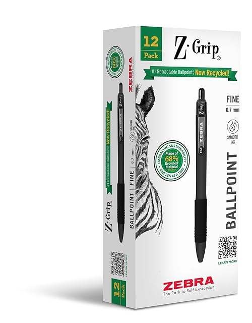 Zebra Pen Z-Grip Recycled Retractable Ballpoint Pens, 0.7mm, Black Ink, Durable Metal Clip, 68% Recycled (GRS Certified; Global Recycled Standards), 12-Pack (20710)
