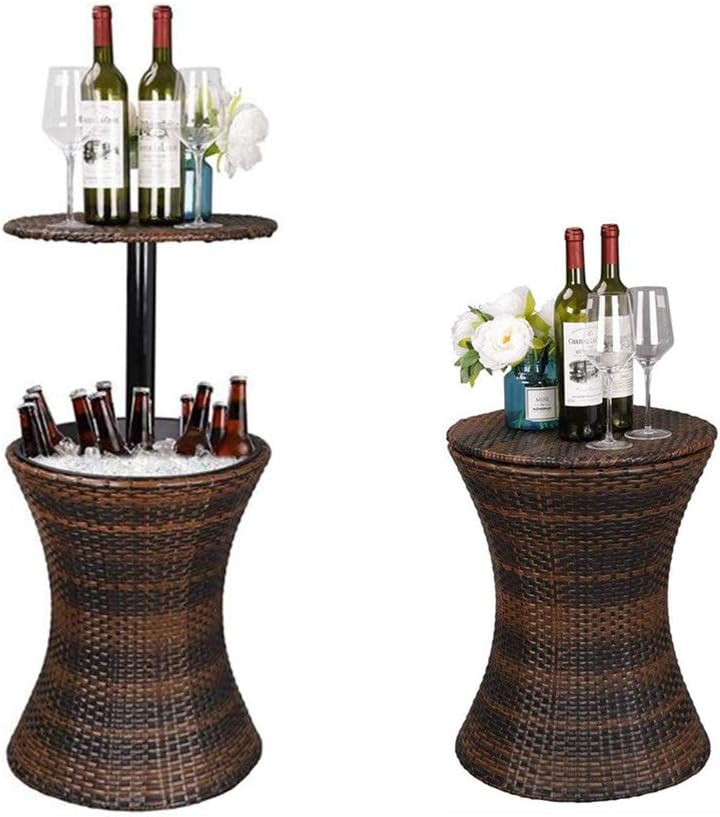 Angela Ice Bucket Bar Table, Rattan Style, Height Adjustable, Outdoor Patio Table Designed, Beer Drink Cooler, Suitable for Home, Backyard, Party, Pool Use