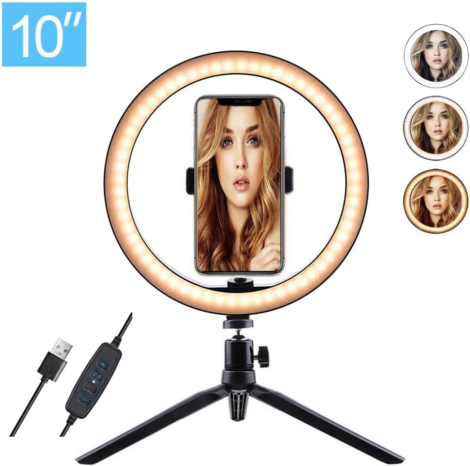 10" Selfie Ring Light with Tripod Stand & Cell Phone Holder for Live Stream/Makeup, Dimmable LED Desktop Ring Light with 3 Light Mode for YouTube Video/Photography