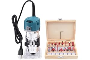 SABUIDDS Compact Wood Palm Router Tool for Woodworking - 800W Plunge Router Kit with 6 Variable Speeds, 15 Wood Router Bits, Collets, and Dust Hood