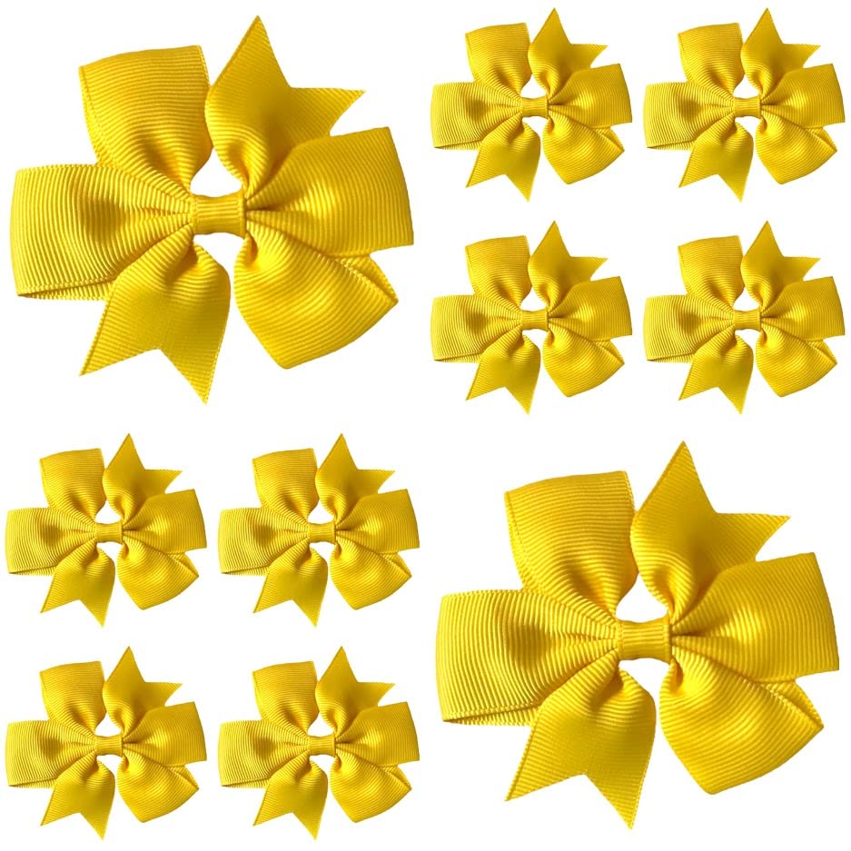Yellow Hair Bows for Girls – 3 Inch Grosgrain Pinwheel Ribbon Bows with Crocodile Clips – School Uniform Hair Accessories for Children, Toddlers & Kids - 10 Pack