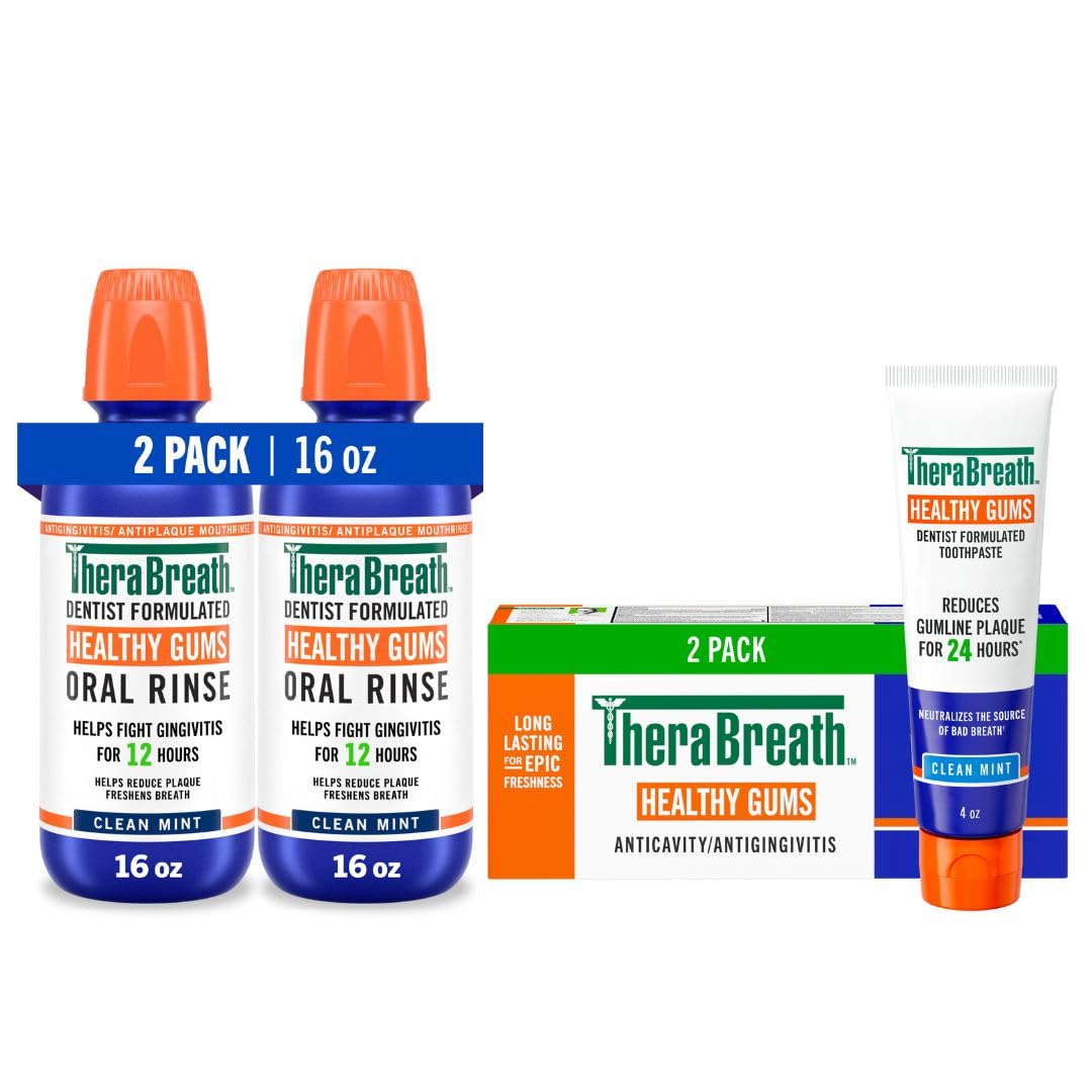 Bundle of TheraBreath Healthy Gums Toothpaste, 4 Oz, (2-Pack) + TheraBreath Healthy Gums Mouthwash, Clean Mint Flavor, Alcohol-Free, 16 oz (Pack of 2)