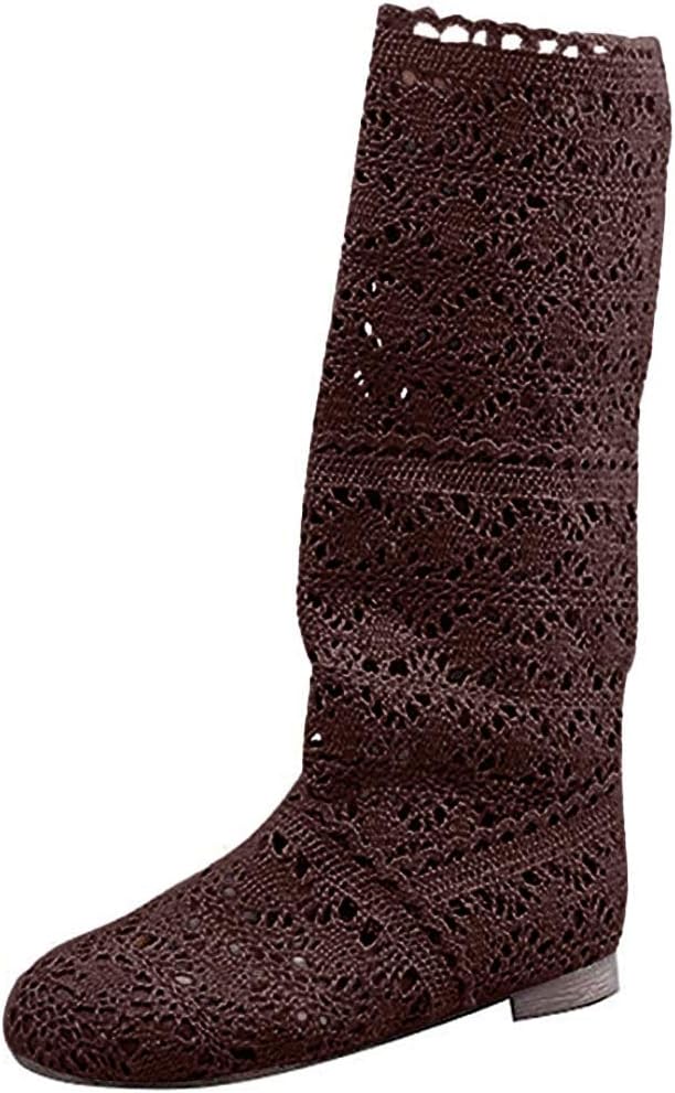 MayBest Women Summer Autumn Lace Hollow Boots Mid-Calf Summer Boots Crochet Hollow Out Chunky Heels Ankle Boots Brown 12 B (M) US