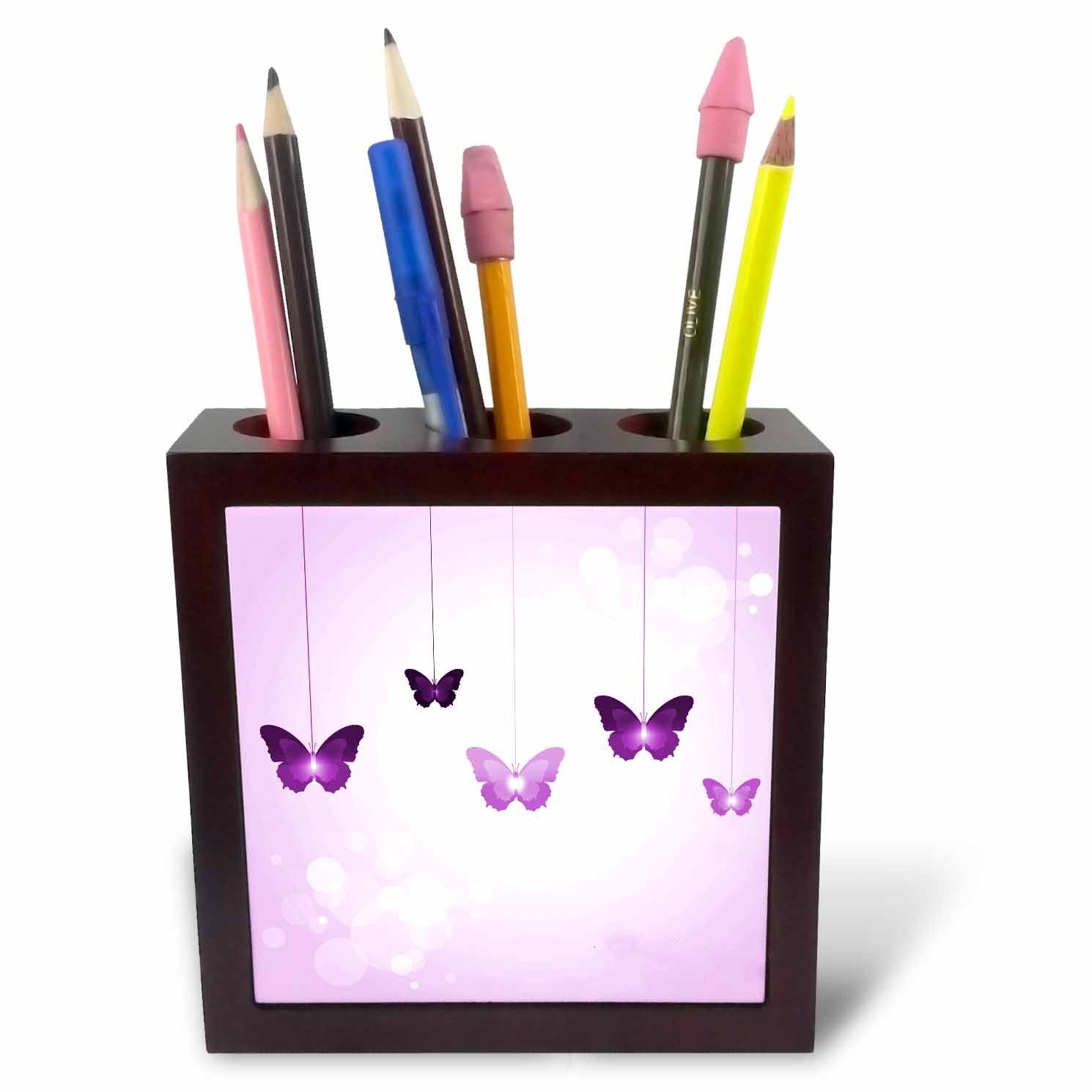 3dRose ph_78670_1 5-Inch "Cute Dark and Light Purple Dangling Butterflies" Tile Pen Holder