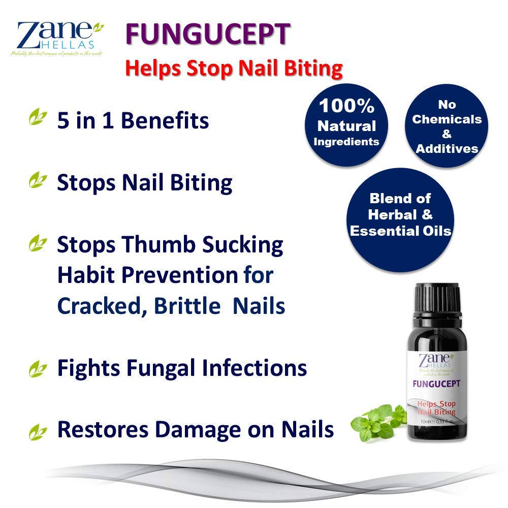 Zane Hellas FunguCept. Helps Stop Nail Biting and Thumb Sucking Habit. For Healthy Nails. No Bite. Controls and Prevents Nail Biting 100% Herbal Solution. 0.33 fl. Oz - 10 ml : Beauty