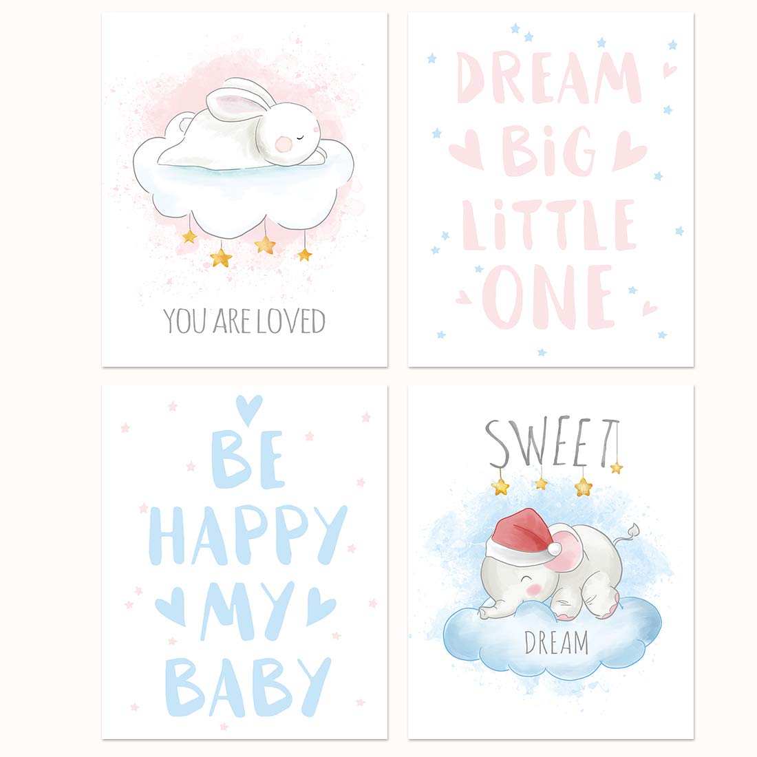 Christmas Canvas Poster, Cute Santa Claus Elephant Art Prints, Inspirational Quotes Posters,Rabbit Elephant Canvas Sweet Dream Art Prints For Nursery Kids Bedroom Christmas Party Home Decor Unframed