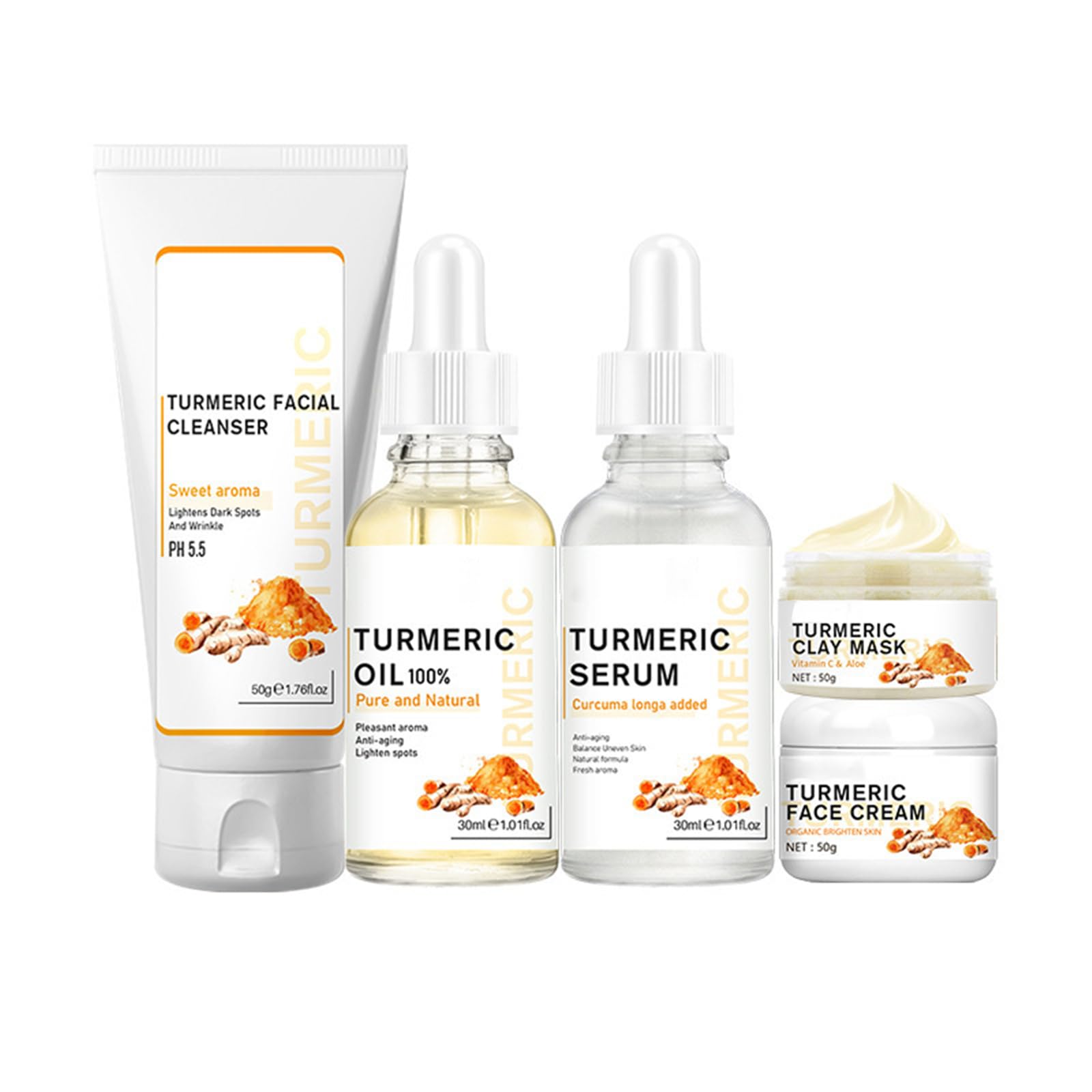JasCherry 5PCS Turmeric Skin Care Kit including Turmeric Facial Cleanser, Clay Mask